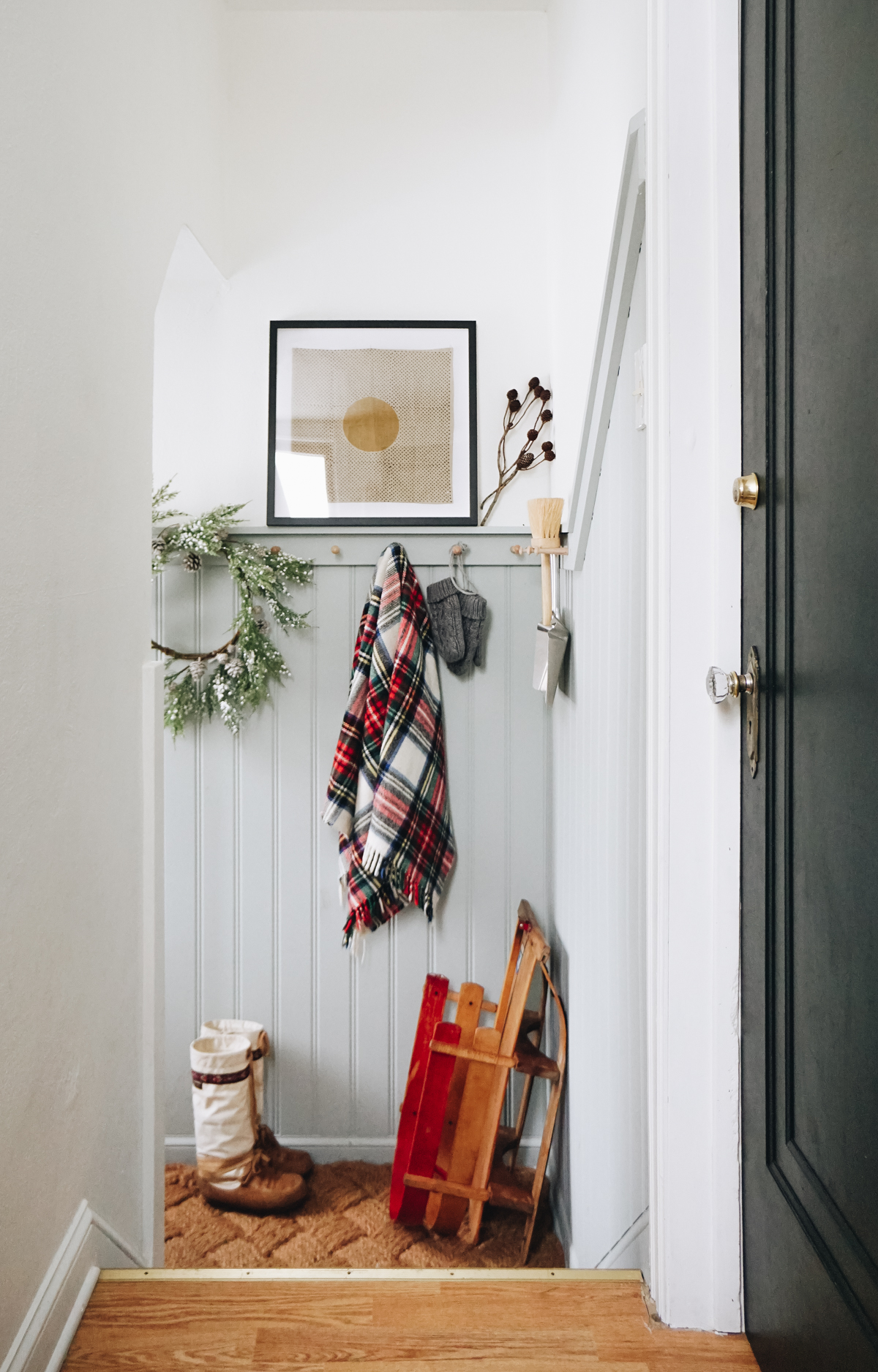 Mudroom styled for Christmas